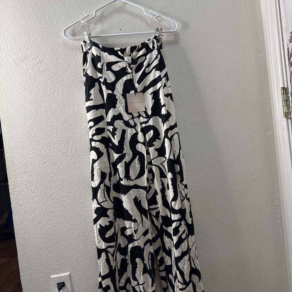 Happily Grey Wide Leg Pants - Black & White Abstract Print, Size Large